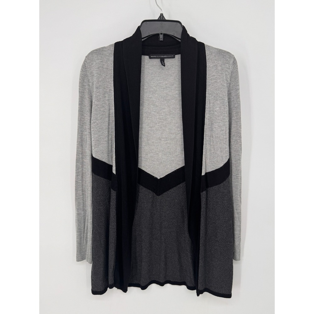 White House Black Market Cardigan Women S Grey EUC Colorblock Chevron Open Front